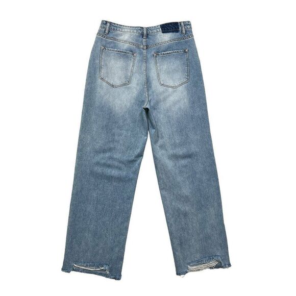 Risen Jeans Women's Cross‎ Over Distressed High Waist Straight Leg Jeans - Picture 5 of 10